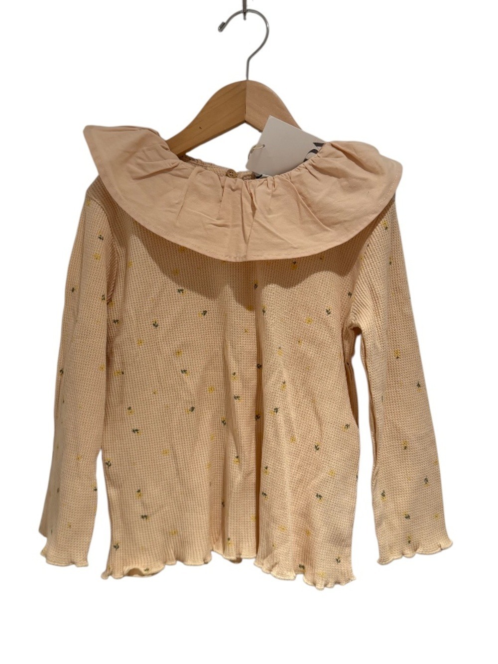 ZARA peachy/cream micro floral waffle long sleeve w/flounce collar - size 4-5
